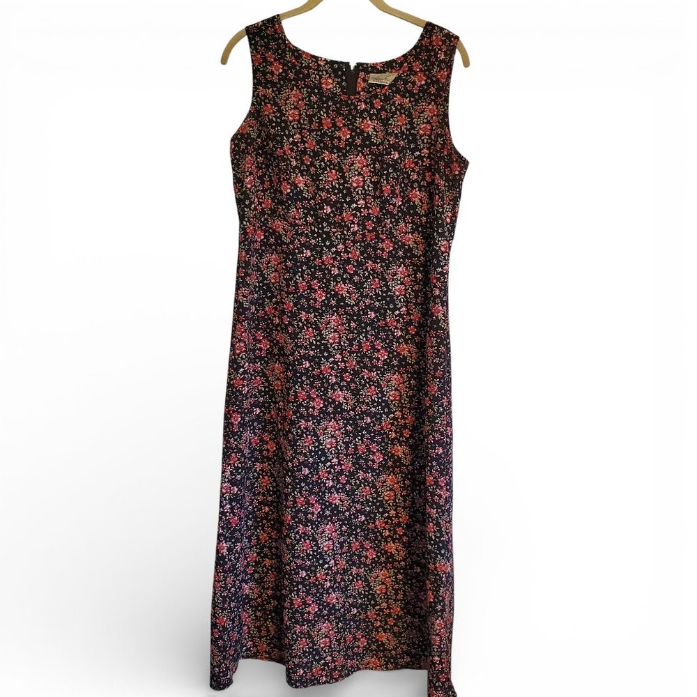 VIntage 90s Black Floral Sleeveless Red Floral A Line Midi Dress Indie Grunge